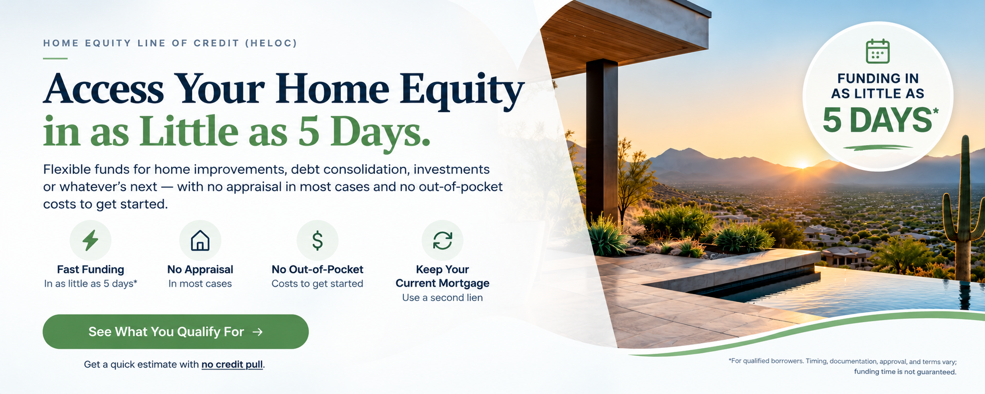 West Capital Lending HELOC banner showing quick payment estimate messaging and funding in as little as 5 days