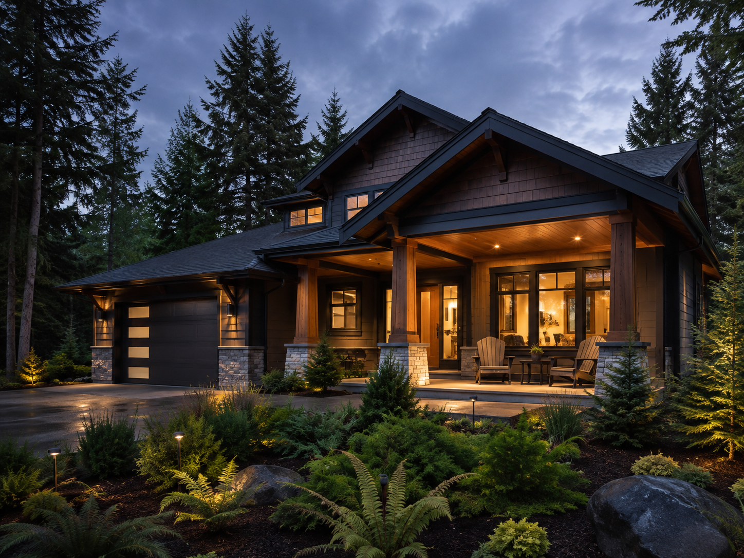 Mountain home surrounded by evergreens at dusk